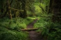 peaceful forest trail with lush greenery and trickling stream Royalty Free Stock Photo