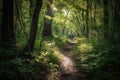 peaceful forest trail, with sunlight filtering through the trees and dappling the ground Royalty Free Stock Photo