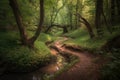 peaceful forest with winding paths and trickling streams