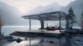 Peaceful, futuristic designer pavilion at the lakeshore. Recreation veranda, comfortable lounge area. Generative AI