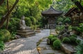 Peaceful Garden With Buddha Statue at the Center Royalty Free Stock Photo