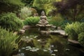 peaceful garden with meditative sculpture and serene pond