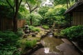 peaceful garden with running water and sound of trickling water