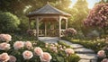 A peaceful garden with a wooden gazebo, blooming roses, and a sense of
