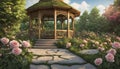 A peaceful garden with a wooden gazebo, blooming roses, and a sense of