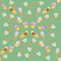 Peaceful green pastel colors ice cream and muffins seamless food pattern Royalty Free Stock Photo