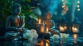 Peaceful Harmony: Buddha Statue Beside a Flickering Candle