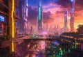 Peaceful high-tech futuristic large city in evening light