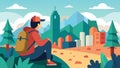 A peaceful hiker pausing to take in the chaos of a bustling cityscape.. Vector illustration.