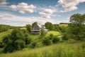 peaceful hilltop with view of rolling hills, farmhouses, and pastures