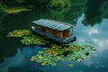 A peaceful house boat glides effortlessly atop a serene lake teeming with vibrant lily pads, A floating houseboat calmly nestled