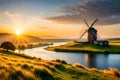 A peaceful and idyllic countryside with a charming windmill and rolling fields