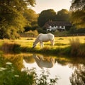 Serene White Horse Grazing in Green Meadow with Pond and Hill Backdrop Royalty Free Stock Photo