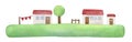 Peaceful illustration of green grass island, white little houses, red roof, wooden doors wih love hearts.