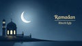 Serene Ramadan Night Scene with Mosque and Crescent Moon Royalty Free Stock Photo