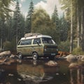 Camper Van Parked on the Edge of a Tranquil Forest Lake with Woodland Camo Pattern