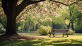 A peaceful image of a lone park bench nestled among blooming trees and lush greenery, Royalty Free Stock Photo