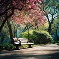 A peaceful image of a lone park bench nestled among blooming trees and lush greenery, Royalty Free Stock Photo