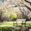 A peaceful image of a lone park bench nestled among blooming trees and lush greenery, Royalty Free Stock Photo