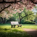 A peaceful image of a lone park bench nestled among blooming trees and lush greenery, Royalty Free Stock Photo