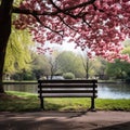 A peaceful image of a lone park bench nestled among blooming trees and lush greenery, Royalty Free Stock Photo