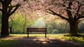 A peaceful image of a lone park bench nestled among blooming trees and lush greenery, Royalty Free Stock Photo