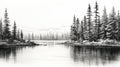 Peaceful Lake: Hyperrealistic Black And White Painting Of Pine Trees Royalty Free Stock Photo