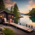 A peaceful lakeside cabin with a dock, Adirondack chairs, and a view of the water Tranquil and idyllic retreat2