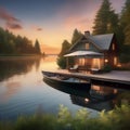 A peaceful lakeside cottage with a dock, rowboat, and a view of the sunset Tranquil and idyllic waterside retreat3