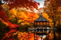 A peaceful lakeside gazebo with a view of the water, surrounded by vibrant autumn foliage and chirping birds