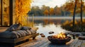 Peaceful Lakeside Retreat with Outdoor Firepit in Autumn. Generative ai