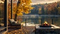 Peaceful Lakeside Retreat with Outdoor Firepit in Autumn. Generative ai