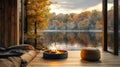 Peaceful Lakeside Retreat with Outdoor Firepit in Autumn. Generative ai