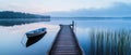 A Peaceful Lakeside Scene Featuring A Serene Dock And A Lone Boat