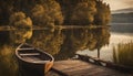 A peaceful lakeside scene with a wooden dock and a rowboat