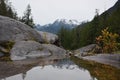 Peaceful lakeside surrounded by rocks and trees reflecting in the water