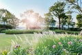 Peaceful landscape garden and country home with beautiful green lawn and color flowers with bright sunlight on freshness summer Royalty Free Stock Photo