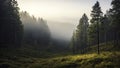 Peaceful landscape, misty pinewood forest in morning, generative ai