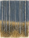 A peaceful landscape painting featuring a row of tall birch trees Royalty Free Stock Photo