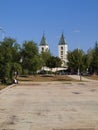 A peaceful landscape in the region of Medjugorje, Bosnia and Herzegovina, with the towers of the church of St. James in the Royalty Free Stock Photo