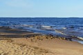 Peaceful landscape of sandy lake beach on sunny day