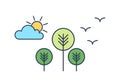 Peaceful landscape with trees, sun, cloud and birds. Scenery with park or forest. Environment protection, ecology