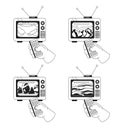 Peaceful landscapes retro tv watching black and white 2D illustration concepts set