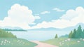 A peaceful, light cartoon-like illustration of a hiking trail with trees and a lake
