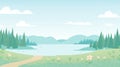 A peaceful, light cartoon-like illustration of a hiking trail with trees and a lake
