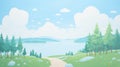 A peaceful, light cartoon-like illustration of a hiking trail with trees and a lake