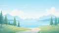 A peaceful, light cartoon-like illustration of a hiking trail with trees and a lake