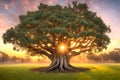 Peaceful magical ancient tree in a field.