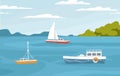 Peaceful marine landscape with sailboats, ships floating in sea. Passenger sail boats, yachts in ocean. Colored flat Royalty Free Stock Photo