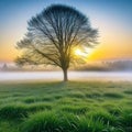 peaceful meadow at with blanket of mist hugging the while the first rays of